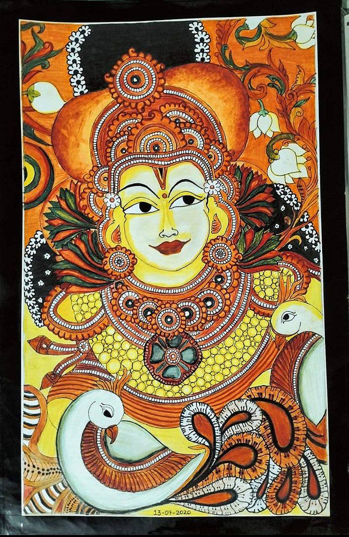 A Madhubani painting of a deity's face with bold eyes, surrounded by flowers and a peacock
