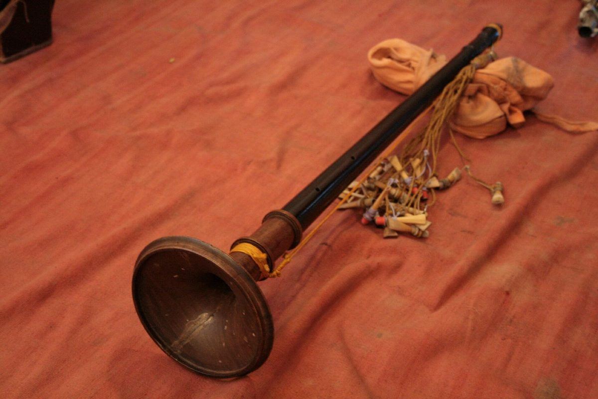 A nadaswaram, the long double-reed wind instrument of South India